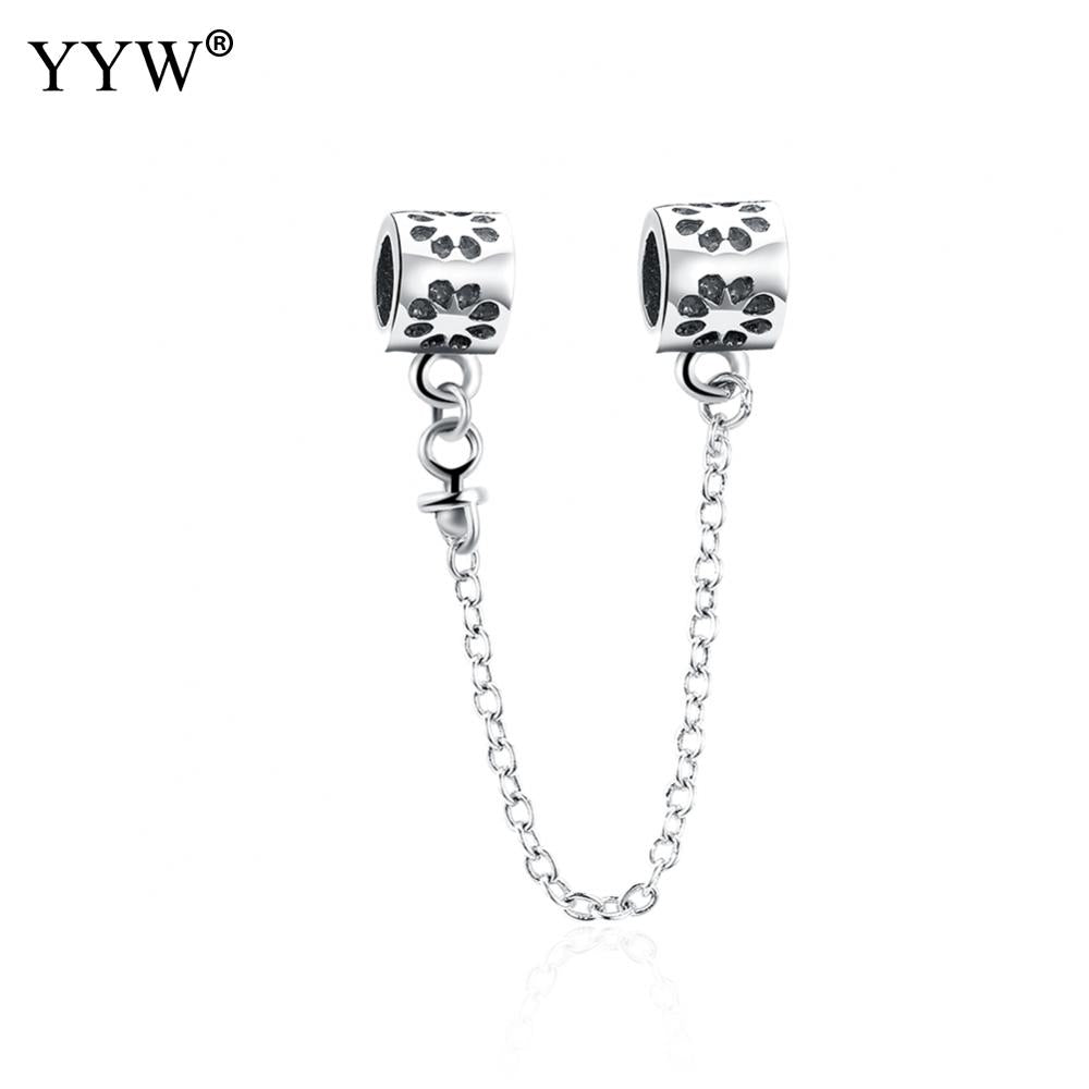 Real 925 Sterling Silver Beads Safety Chain Flower European Charms Beads Fit Style Bracelet Original Jewelry Making