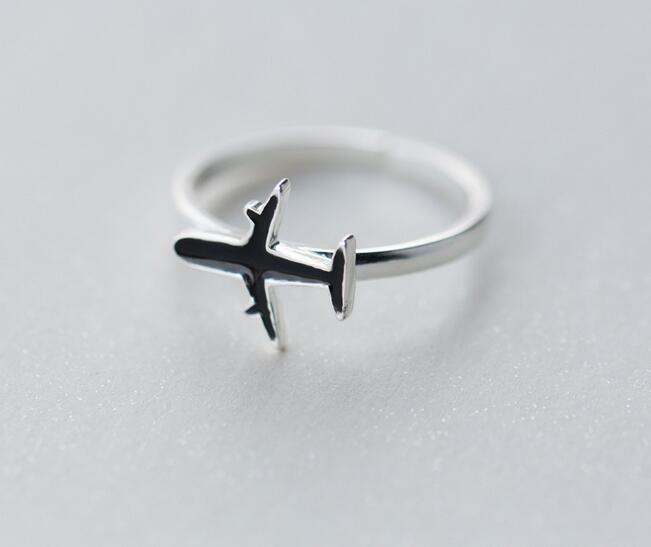 Real. 925-Sterling-Silver Black Enamel Aircraft Airplane Plane Ring jewelry adjustable GTLJ1175