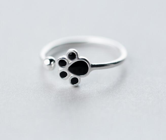 Real. 925-Sterling-Silver Black Enamel Puppy Dog Paw &Lucky Bead Ring jewelry adjustable GTLJ1126