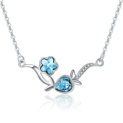 Real 925 Sterling Silver Blue Crystal Necklaces & Pendants Blossoms Flower Branches Women Choker Necklace Jewelry Wholesale