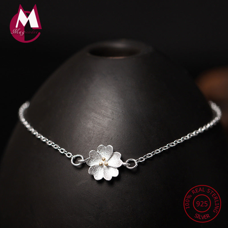 Real 925 Sterling Silver Bracelet Bangle For Women Cherry Blossom Charm Bracelets Handmade Flowers Fine Jewelry Accessories YB15