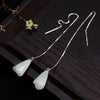Real 925 Sterling Silver Ear Line Drop Earrings Long Hetian Jade Engraved Rose Flowers Elegant Design For Women High Quality