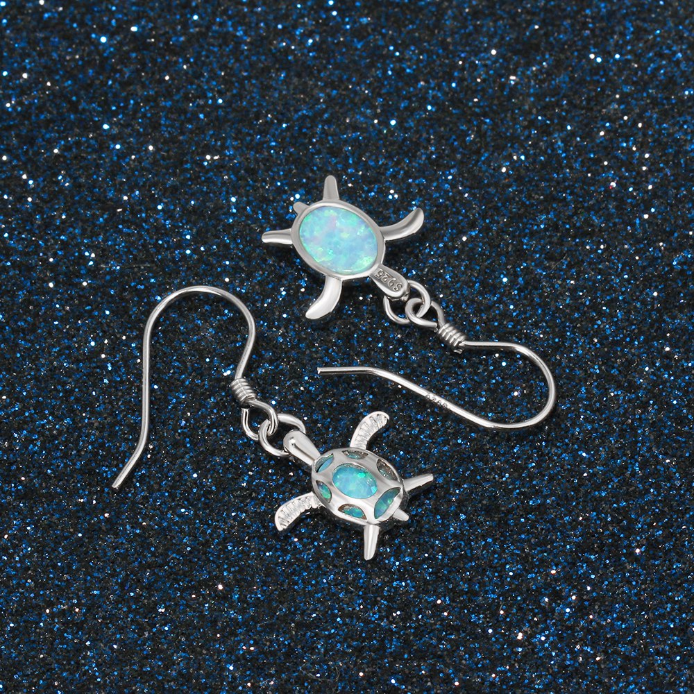 Real 925 Sterling Silver Fine Jewelery Drop Earrings Blue Fire Opal Silver Earrings Tortoise Shape Gift for Women(Lam Hub Fong)