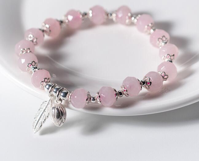 Real. 925 Sterling Silver Fine Jewelry natural Rose Quartz Stone Chain Bracelet with Beads Wings flower bud Charms GTLS485