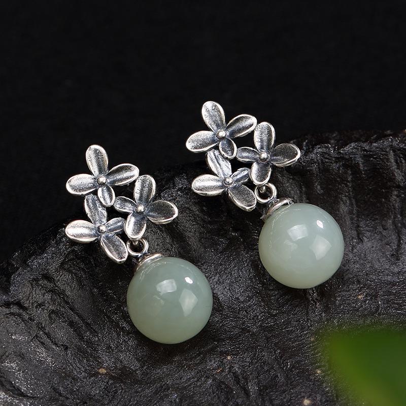 Real 925 Sterling Silver Flowers Earrings Drop With Natural Hetian Jade Beads Vintage Style Oorbellen Voor Vrouwen