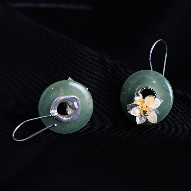 Real 925 Sterling Silver Flowers Earrings For Women Natural Jade Simple Design Hook Drop Earrings Elegant Jewelry