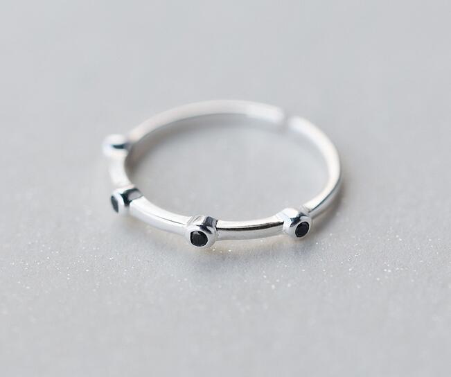 Real. 925 Sterling Silver Jewelry black agate Rounds Thin Ring (So Thin ) Openable Adjustable charms GTLJ1190