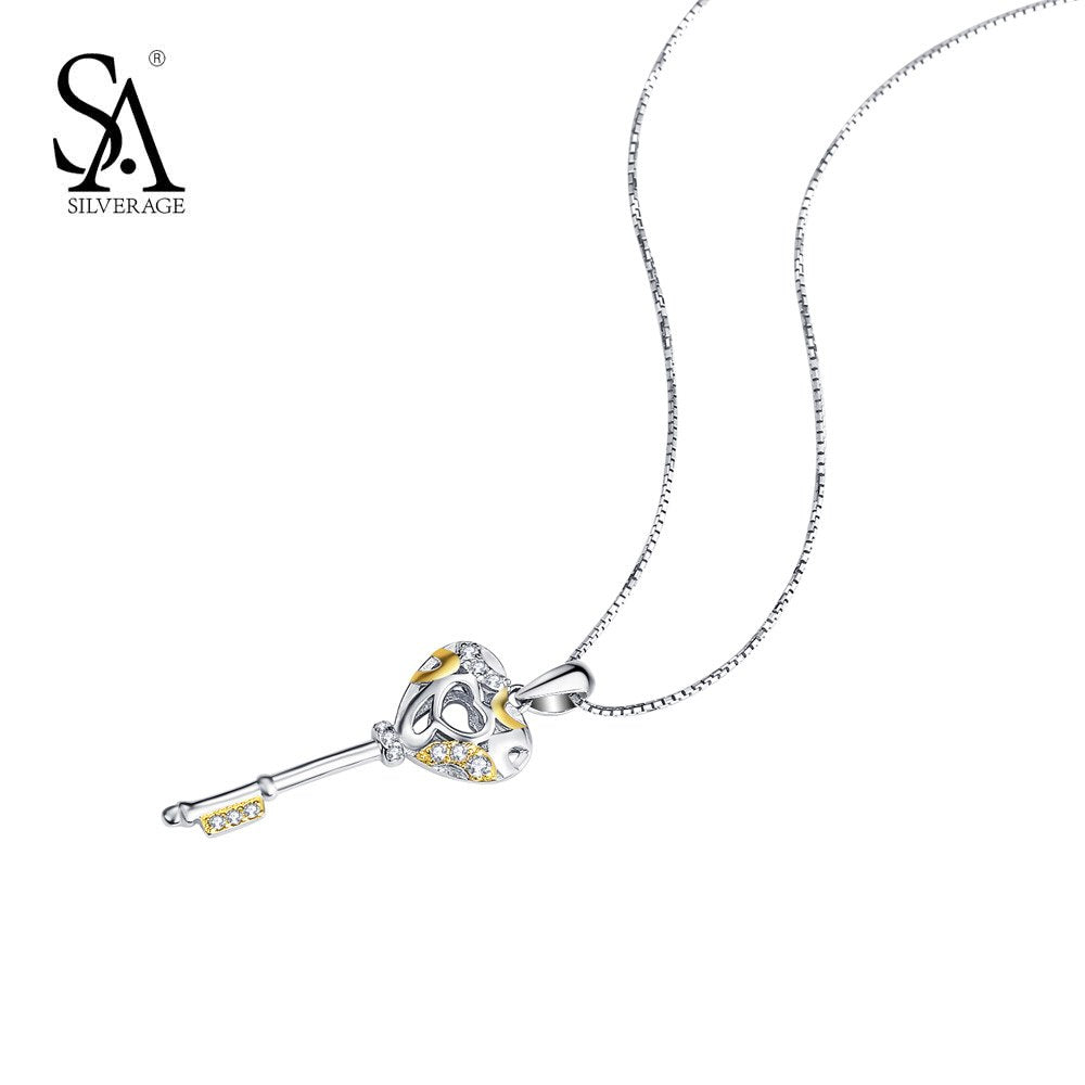Real 925 Sterling Silver Key Necklaces for Women Lock Style Heart Lover Jewelry for Girlfriend Link Chain Trendy Long Chain
