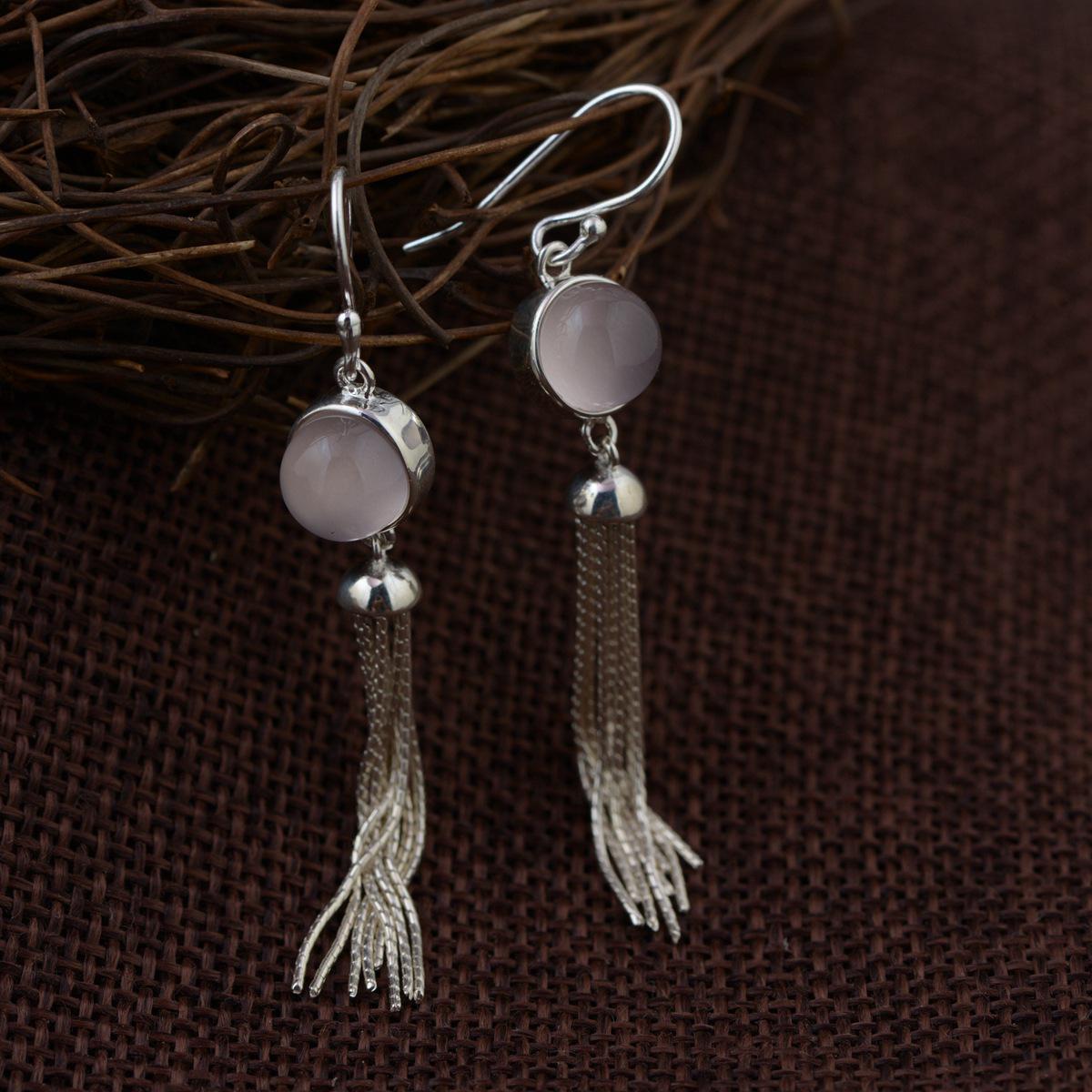 Real 925 Sterling Silver Long Tassels Earrings For Women Inlaid Rose Quartz Natural Stone Drop Earrings Fine Jewelry
