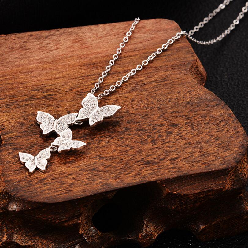 Real 925 Sterling Silver Long Zircon Butterfly Necklaces Pendants Fashion Sterling-Silver-Jewelry Statement Necklace For Women