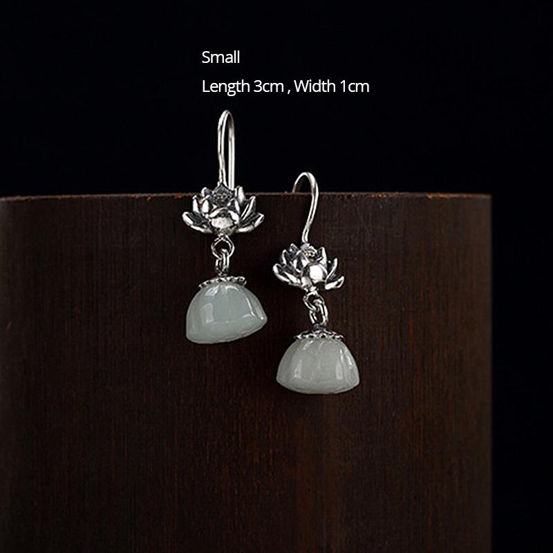 Real 925 Sterling Silver Lotus Flower Earrings Hook With Natural Stone Jade Thai Silver Vintage Jewelry
