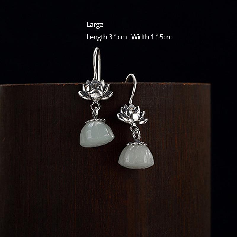 Real 925 Sterling Silver Lotus Flower Earrings Hook With Natural Stone Jade Thai Silver Vintage Jewelry