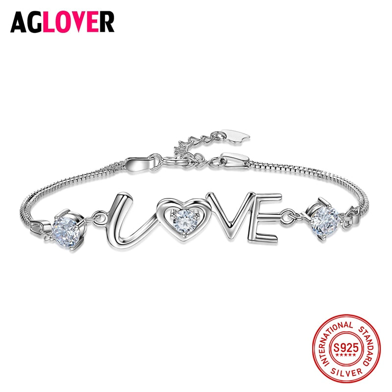 Real 925 Sterling Silver Love Charms Austrian Crystal Bracelet for Women Adjustable Link Chain Bracelets Bangle Fashion Jewelry