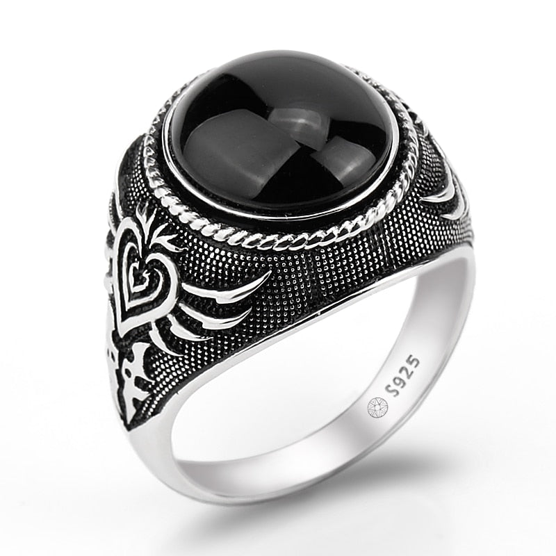 Real 925 Sterling Silver Men Ring Black Big Agate Natural Stone Personality Poker Featured for Men Women Lovers Jewelry