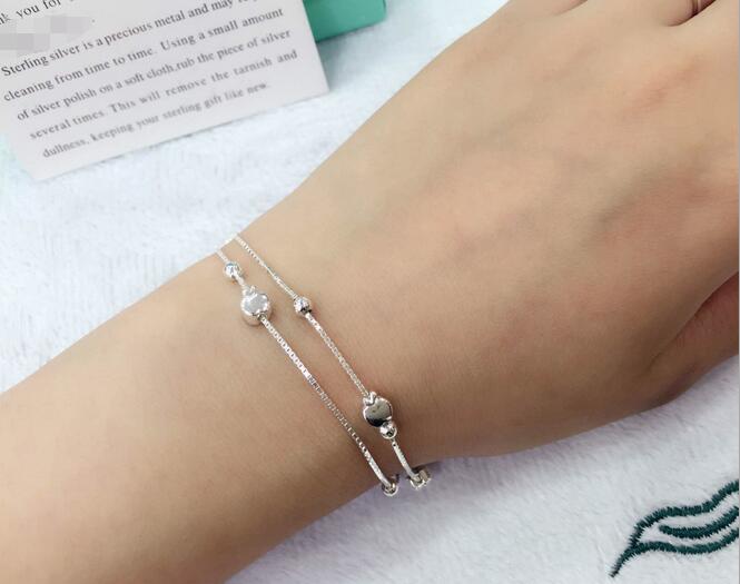 Real. 925 Sterling Silver Multi-Rows 2layers Apple &Polished Round Ball Bead Chain Bracelet Charms Fine Jewelry GTLS337