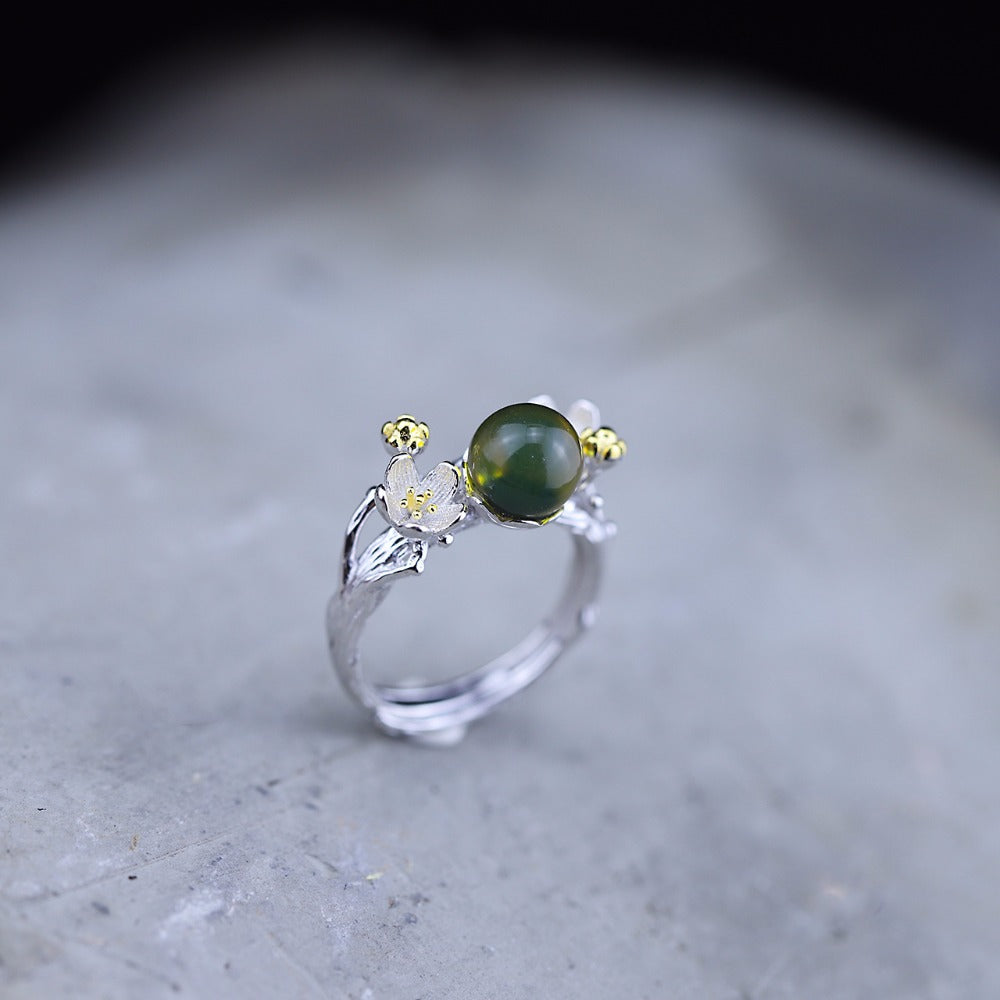 Real 925 Sterling Silver Natural Amber Handmade Designer Fine Jewelry Looking Flower Adjustable Rings for Women Bijoux