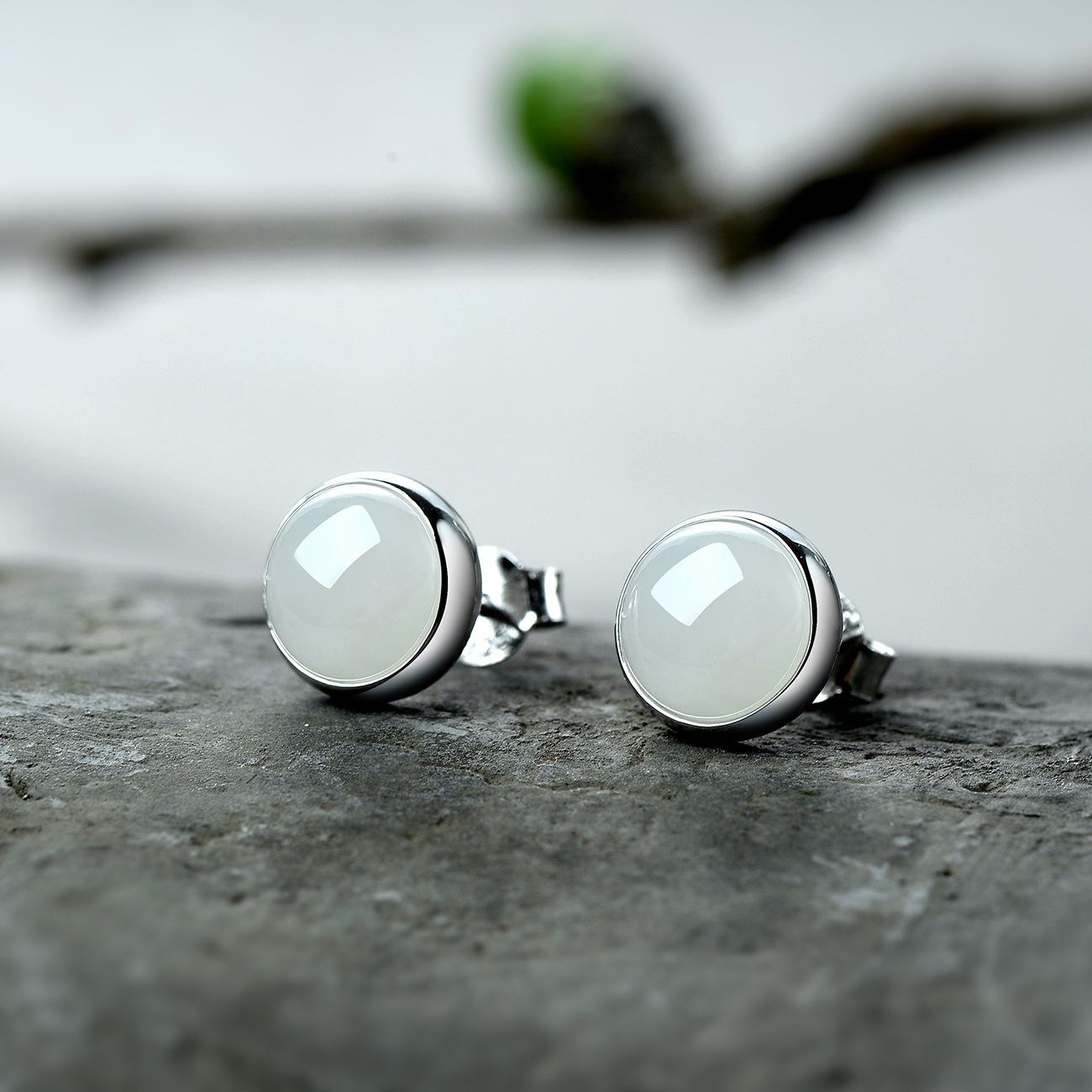 Real 925 Sterling Silver Natural Jade Stud Earrings Elegant Women Original Simple Design Personalized High Quality Jewelry