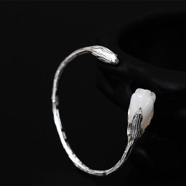 Real 925 Sterling Silver Orchid Flowers Bangles For Women Gold Plated Vintage Design Inlaid White Jade Jewelry Beautiful