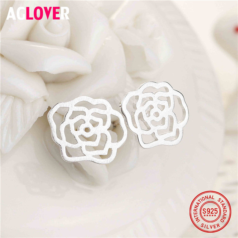 Real 925 Sterling Silver Original Charm Flower Brand Stud Earrings For Women Gift Wedding Female Jewelry