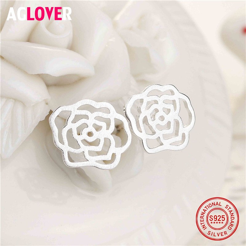 Real 925 Sterling Silver Original Charm Flower Brand Stud Earrings For Women Gift Wedding Female Jewelry