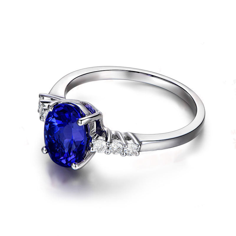 Real 925 Sterling Silver Oval Blue Spinel With AAA CZ Ring For Women Fine Jewelry Anniversary Gift FCGJHW