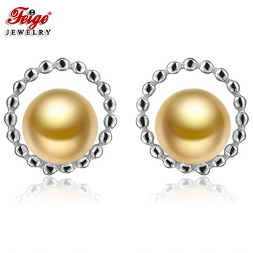 Real 925 Sterling Silver Pearl Stud Earrings Fine Jewelry for Women 7-8mm Golden Pearl Fashion Earring Jewelry