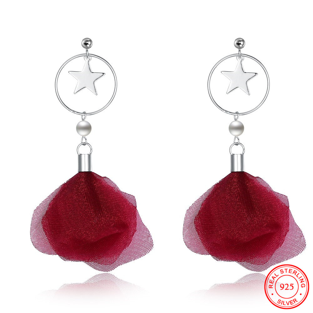 Real-925-Sterling-Silver-Red-Fabric-Flower-Drop-Earrings-Women-Silver-Star-Charm-Pendant-Dangle-Earrings