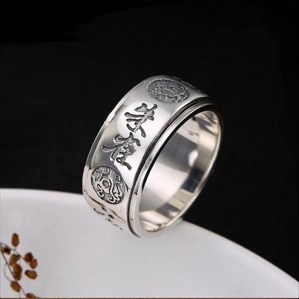 Real 925 Sterling Silver Rings Carving Chinese Mythical Four Animals Dragon Tiger Tortoise Bird Rotatable Vintage Rings