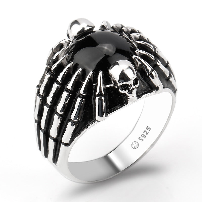Real 925 Sterling Silver Skull Men Ring Black Agate Stone with Fierce Paw for Men Fine Jewelry