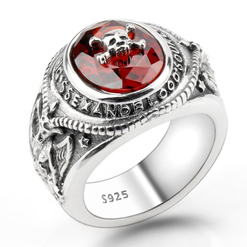 Real 925 Sterling Silver Skull Ring Do The Old Design Skeleton Red Zircon Punk Biker for Mystery Men Heavy Fine Jewelry