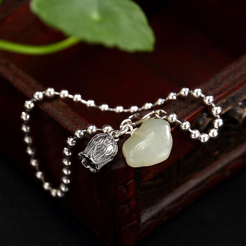 Real 925 Sterling Silver Small Round Beads Chain Bracelets For Women With Natural Jade Jade Charm Amulet Shifting Lucky