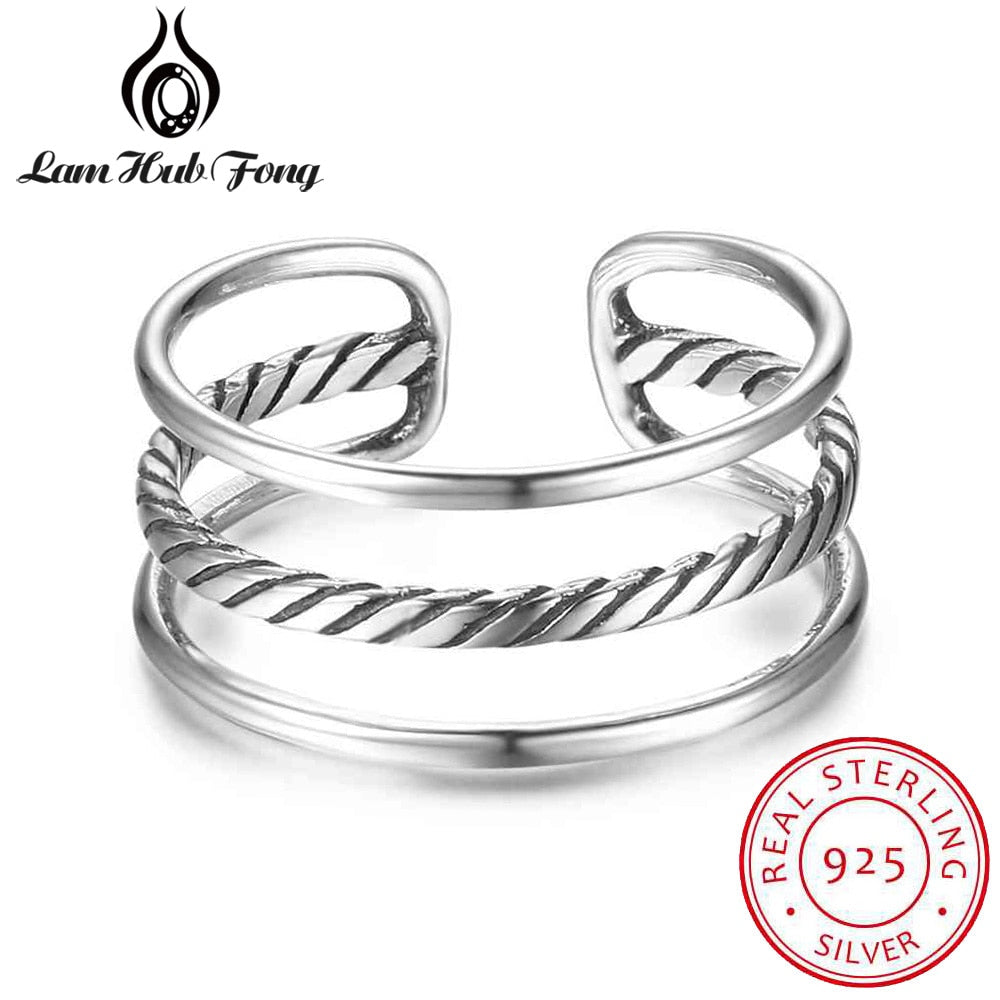 Real 925 Sterling Silver Triple Layers Adjustable Rings for Women Wedding Pure Silver Female Finger Ring Jewelry (Lam Hub Fong)