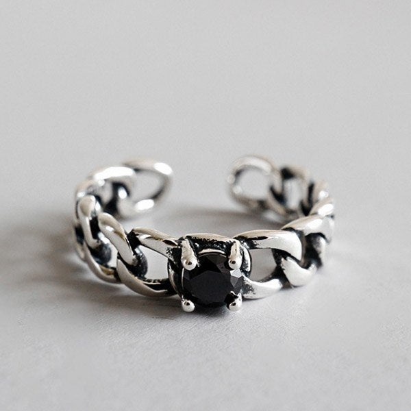 Real 925 Sterling Silver Vintage Black Square Agate Chain Open Ring For Women Adjustable Fine Jewelry Punk Luxury Rings