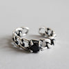 Real 925 Sterling Silver Vintage Black Square Agate Chain Open Ring For Women Adjustable Fine Jewelry Punk Luxury Rings