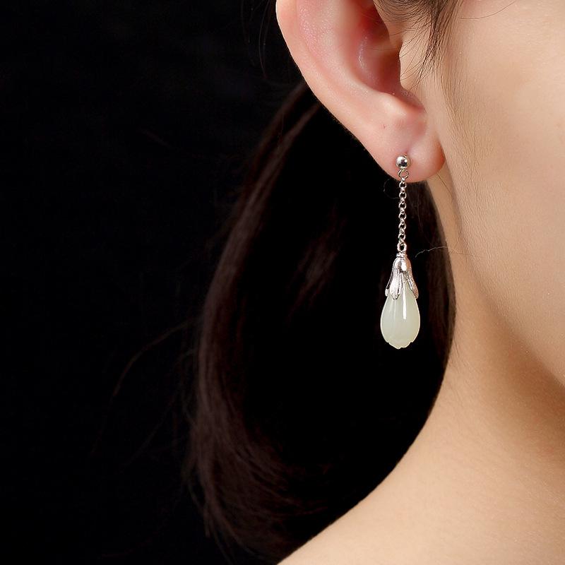 Real 925 Sterling Silver White Jade Orchid Flowers Drop Earrings For Women Elegant Hook Stud Types Natural Stone FIne Jewelry