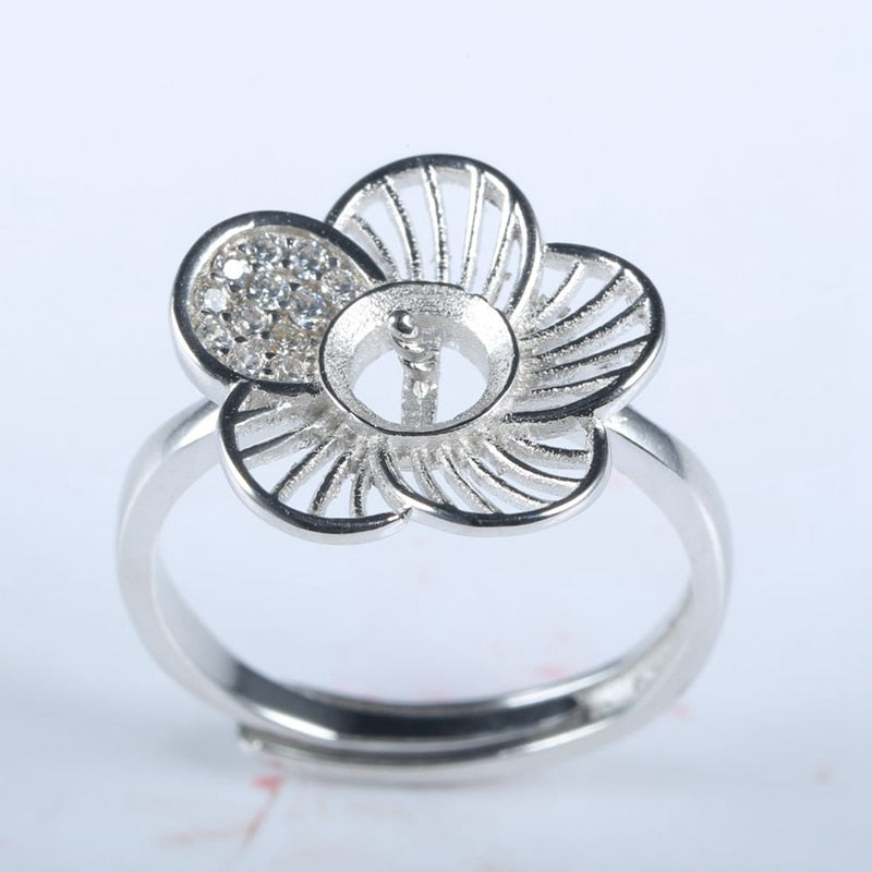 Real 925 Sterling Silver Women Engagement Wedding Anniversary Party Semi mount Ring 6mm pearl Open/adjustable Wholse DIY Gem