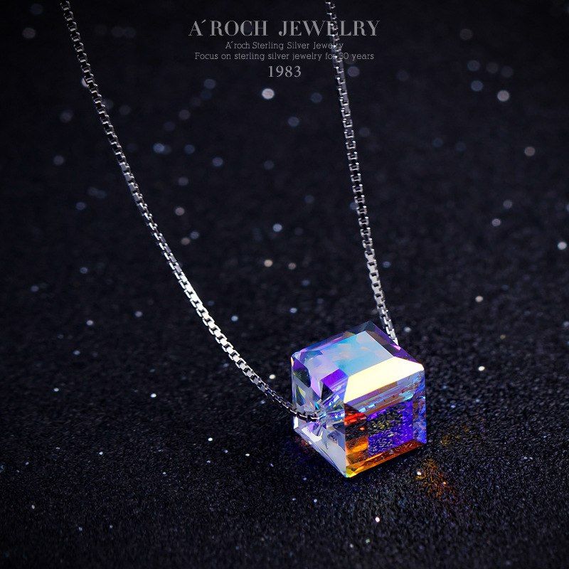Real. 925 Sterling Silver jewelry Color Changed Austria Crystal Geometric Heart/ Star/ Cube Pendant Necklace 18 Chain X436