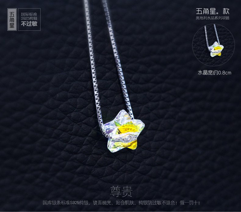 Real. 925 Sterling Silver jewelry Color Changed Austria Crystal Geometric Heart/ Star/ Cube Pendant Necklace 18 Chain X436