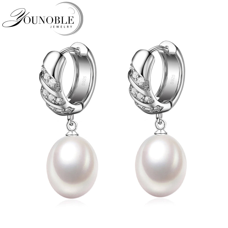 Real 925 silver black natural pearls earrings women,precious girl jewelry bridal white hanging hoop pearl earrings