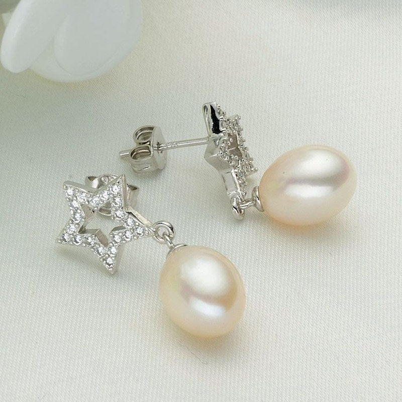 Real 925 silver natural pearl earrings,Moon and stars Temperament Elegant pearl earrings for charm women best gifts