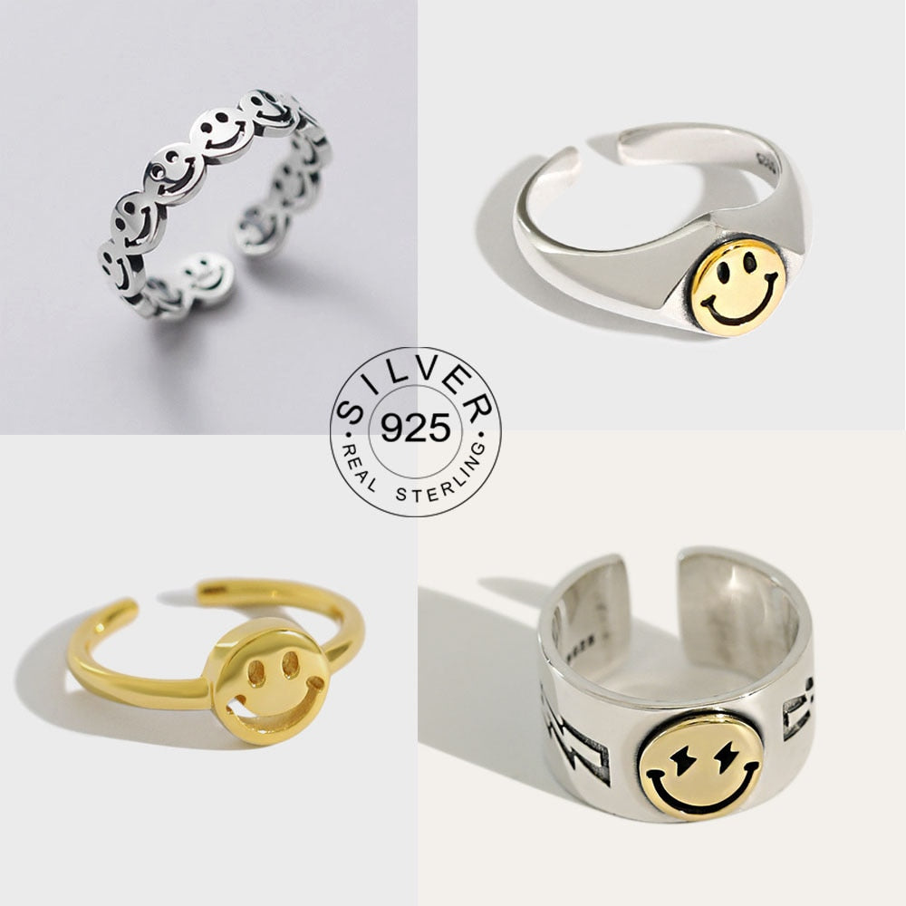 Real 925 sterling silver finger rings for women yellow smile face Trendy fine Jewelry Large Adjustable Antique Rings Anillos