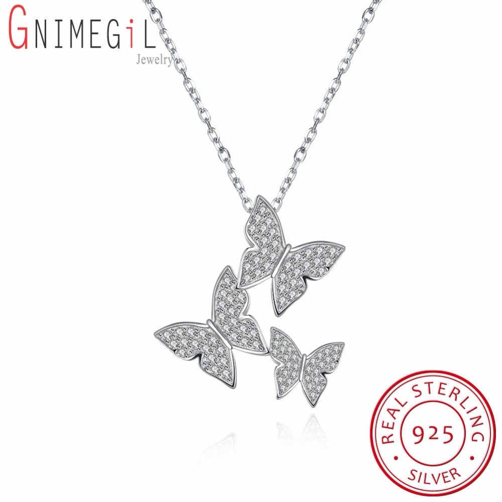 Real 925 sterling silver long zircon butterfly necklaces pendant fashion sterling-silver-jewelry statement necklace for Women