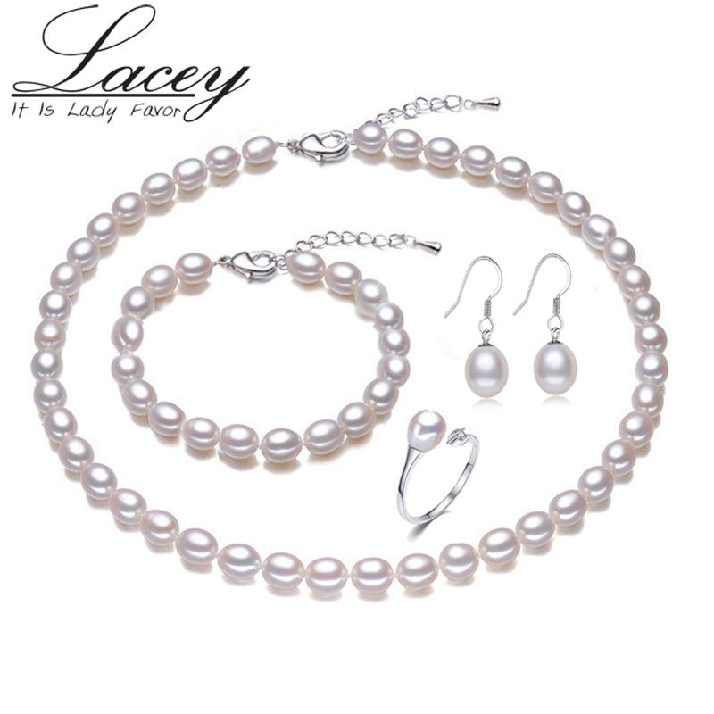Real Bridal Pearl Jewelry Sets Women,White Natural Pearl Necklace Sets Jewelry 925 Sterling Silver Earring Birthday