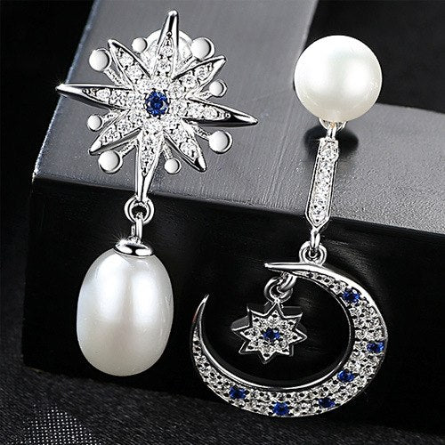 Real Natural Pearl Drop Earring Micro Pave Zircon Star Moon Design for Women 925 Sterling Silver Fine Jewelry Wedding