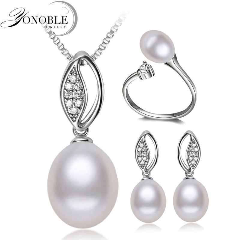Real Natural Wedding Pearl Jewelry women, Pearl Jewelry Sets 925 Sterling Silver Earring sets Wife Birthd Gift White