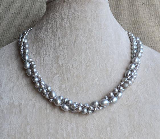 Real Pearl Jewellery 18 inches 3 Rows 3-8mm Freshwater Pearl Necklace Gr Color Woman Bridesmaid Necklace