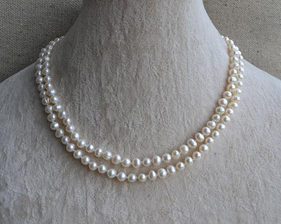 Real Pearl Jewellery,White Color Natural Freshwater Pearl Necklace,2 Rows 16-17inches 5-6mm Double Strand Pearls Jewelry