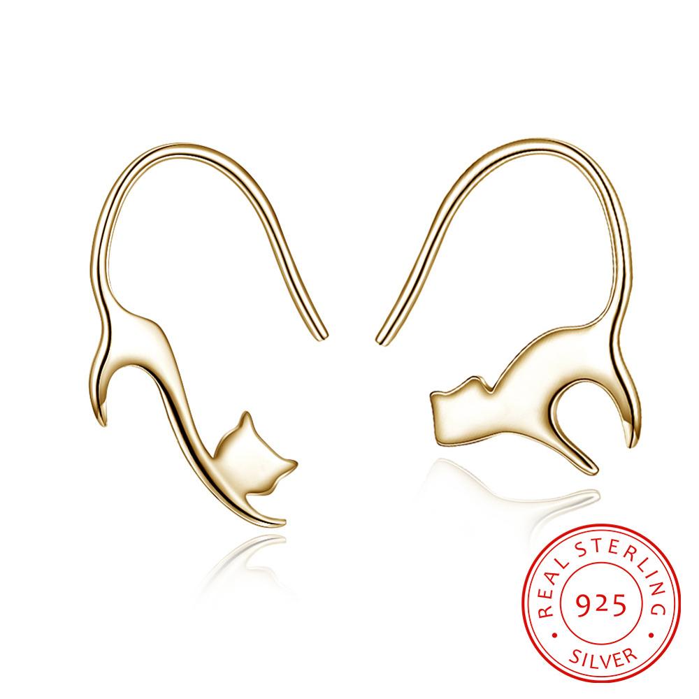Real Pure 925 Sterling Silver Cat Earrings For Women Cute Cat Tail Metallic Stud Earrings S925 Silver Jewelry (Lam Hub Fong)