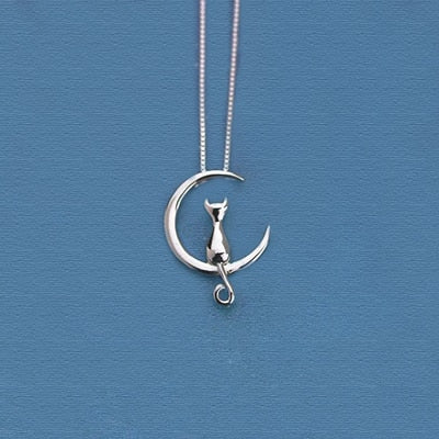Real Pure 925 Sterling Silver Moon Animals Necklaces Pendant Long Kitty Necklace For Women Hot Fashion sterling-silver-jewelry