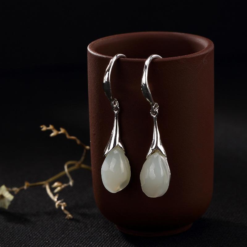 Real Pure 925 Sterling Silver Natural Jade Orchid Flowers Earrings With Hook Simple Vintage Design Drop Earrings For Women